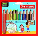 Pastelky STABILO Woody 3in1, sada 10 ks v pouzdru s ořezávátkem