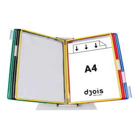 Djois pultový kovový stojan (lze použít i jako nástěnný držák), 10 rámečků s kapsami A4, otevřené shora, mix barev, 10 ks