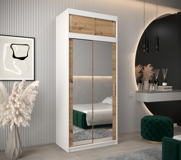 Šatní skříň Abi T3 s nástavcem Barva korpusu: Bílá, Rozměry: 100 cm, Dveře: Dub-Artisan