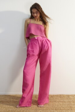 Trendyol Pink 100% len Plisované kalhoty s vysokým pasem a širokými nohavicemi