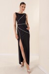 By Saygı Shiny Stone Detailed Sleeveless Slit Long Crepe Dress Black.