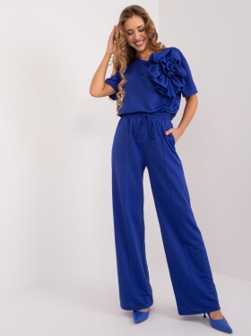 Kobaltově modré dámské látkové kalhoty s vysokým pasem