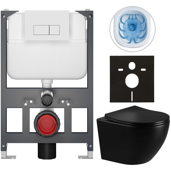 CERANO - Kompletní WC set Basic/Cesso - černá lesklá - WC tlačítko Modulo/Bílá - závěsné - nízký modul - předstěnová instalace - 49x36 CER-8050BD86319