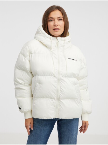 Krémová dámská prošívaná oversize bunda Converse Short Puffer Jacket - Dámské