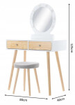 Bílý dřevěný toaletní stolek s LED zrcadlem a taburetem