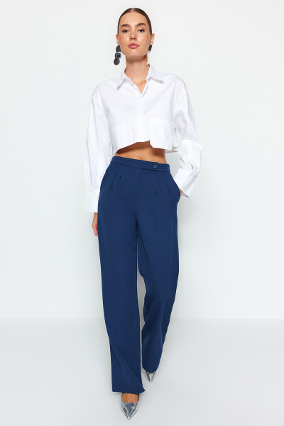Trendyol Navy Blue Široké nohavice Široké nohavice Tkané kalhoty vysokým pasem