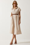 Happiness İstanbul Women's Cream Belted Woven Dress