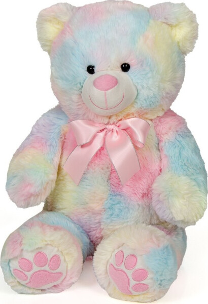 Plyšový medvěd sedící duhový s růžovou mašlí 60 cm