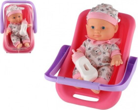 Panenka miminko plast 22cm pevné tělo v nosítku/autosedačce s lahvičkou 2 barvy v blistru