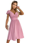 MATILDE Dámské šaty pudrově růžové barvě brokátem, výstřihem krátkými rukávy 425-2
