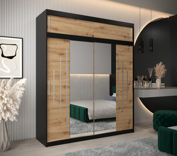 Šatní skříň Abi Y1 s nástavcem Barva korpusu: Černá, Rozměry: 200 cm, Dveře: Dub artisan