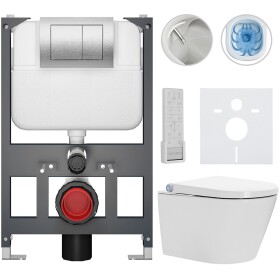 CERANO Závěsné WC s bidetem Basic/Cronus Premium - bílá lesklá - WC tlačítko Maxio/Stříbrná - závěsné - nízký modul - předstěnová instalace - 59,3x38,4 cm