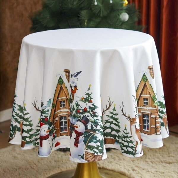 DumDekorace Bílý vánoční ubrus se zimní krajinou na kulatý a oválný stůl Šířka: 110 cm | Délka: 160 cm
