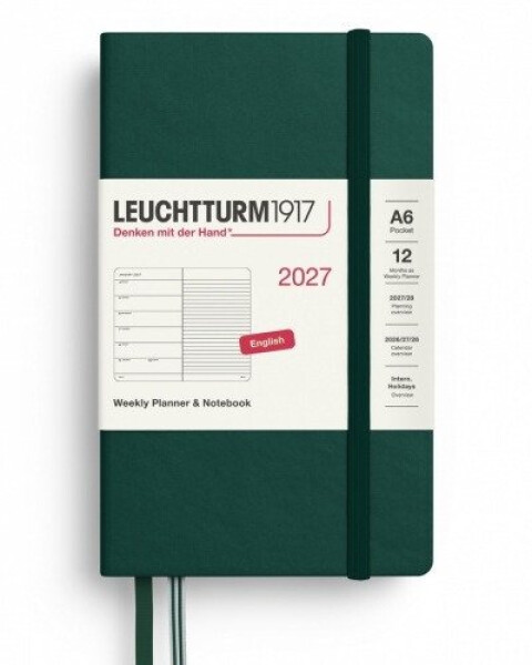 Týdenní plánovač Zápisník Forest Green, Pocket A6 2027, anglicky