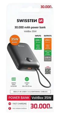 SWISSTEN VOLTBOX 30000 mAh černá / Powerbanka s integrovanými kabely / 35W / USB-C Lightning