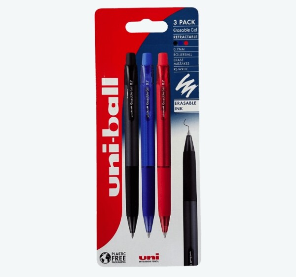 UNI Erasable Gel stiskací gumovací pero 3 ks černé, modré, červené