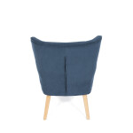 Křeslo, potah modrá manšestrová látka, dřevěné nohy, masiv kaučukovník