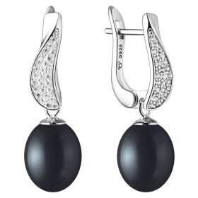 Stříbrné náušnice s černou perlou a zirkony Juana, stříbro 925/1000, Černá