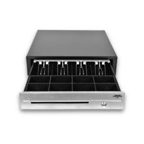 Virtuos pokladní zásuvka C430D - s kabelem, kovové držáky, nerez panel, 9-24V, černá