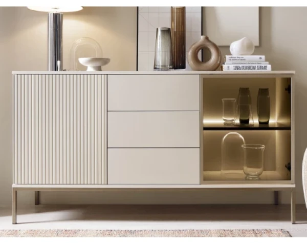 Komoda se zásuvkami Sento, kašmírově béžová/šampaň, s osvětlením