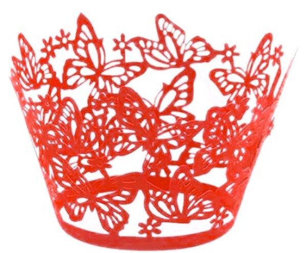 PartyDeco PartyDeco Přebaly na muffiny krajkové s motýly červené (10 ks)