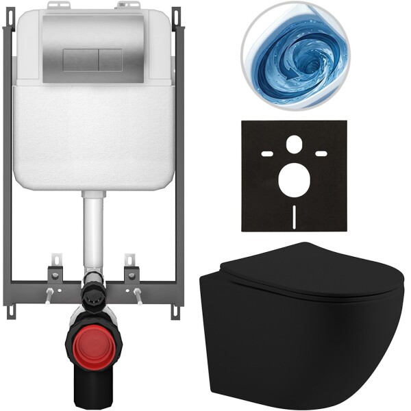 CERANO - Kompletní WC set Basic/Cesso - černá matná - WC tlačítko Modulo/Stříbrná - pro zazdění - 49x36 CER-8050BD86236