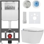 CERANO Závěsné WC s bidetem Basic/Cronus Premium - bílá lesklá - WC tlačítko Dualo/Stříbrná - závěsné - předstěnová instalace - 59,3x38,4 cm