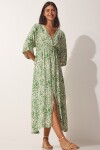 Happiness İstanbul Women's Light Green Deep V Neck Summer Long Viscose Dress