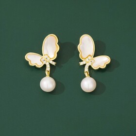 Náušnice s perlou a zirkony Daria - motýl, Zlatá Bílá