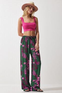 Happiness İstanbul Women's Dark Green Fuchsia Patterned Flowing Viscose Palazzo Trousers