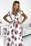 434-8 LISA Plisované midi šaty s výstřihem a volánky - ecru + vínové květy UNI