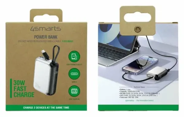 4smarts Pocket 10000mAh stříbrná / Powerbanka / 30W / vestavěný USB-C kabel 15cm / displej (541085)
