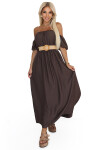 614-1 Maxi šaty v boho stylu s odhalenými rameny a páskem - CHOCOLATE UNI