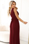 637-1 Večerní dlouhé šaty s brokátovým akcentem a hlubokým výstřihem - bordó UNI