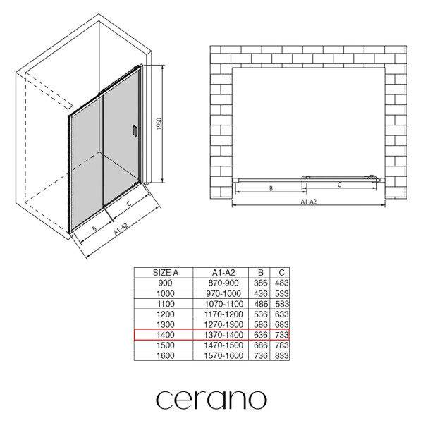 CERANO - Sprchové posuvné dveře Varone LINE L/P - 6 mm - černá matná, grafitové sklo - 140x195 CER-478117