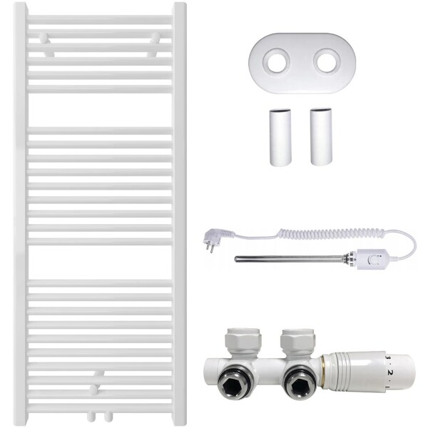 CERANO Koupelnový radiátorový set Lincoln - kombinované výtápění, termo tyč - středové připojení 50 mm - 300W - bílá lesklá - 1200x500 mm