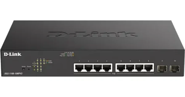 D-Link DGS-1100-10MPV2 / Switch / 8× PoE+ gigabit RJ45 / 2× SFP / 130W PoE budget / Smart managed (DGS-1100-10MPV2/E)