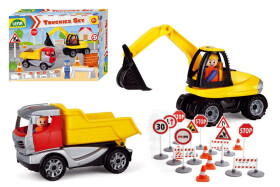 Truckies set stavba plast stavební stroje s figurkami s doplňky v krabici 38x28x10cm 24m+