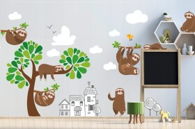DumDekorace Krásná velká nálepka na zeď do dětského pokoje lenochodí rodinka 100 x 200 cm
