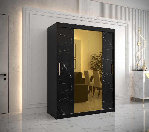 Šatní skříň Abi Golden T1 Barva korpusu: Černá, Rozměry: 150 cm, Dveře: Černý mramor se zlatým zrcadlem