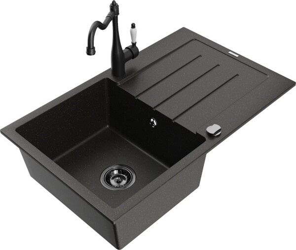 MEXEN/S - Bruno granitový dřez 1-miska s odkapávačem včetně baterie Carla, černá/zlatá metalik 6513-75-670700-70-B