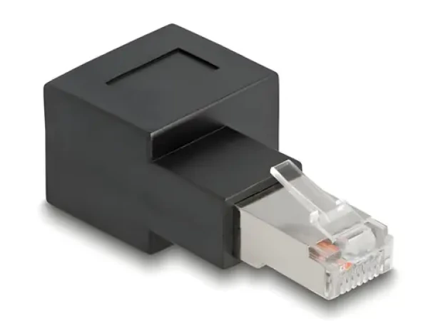 DeLock / Adaptér RJ45 zástrčka-zásuvka 90° / Cat.6A / pozlacené kontakty / černá (87864)