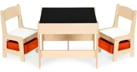 ECOTOYS Dětský dřevěný stůl se dvěma židličkami Přírodní / Dětský nábytek / MDF deska s tabulí a úložnými přihrádkami (ZKC-1C)