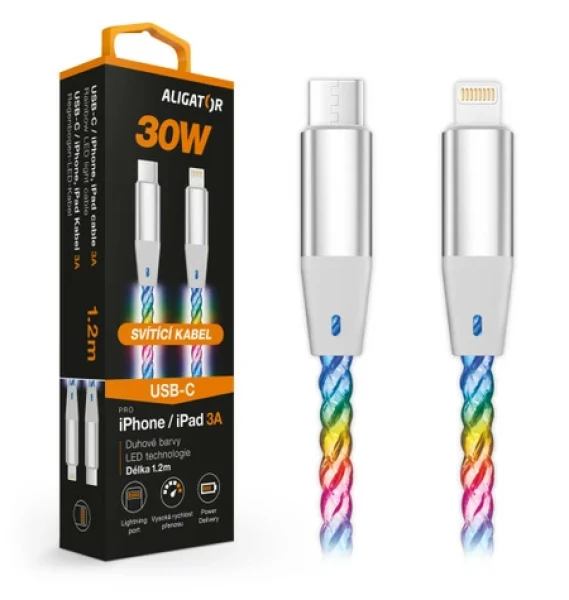 Aligator Datový kabel POWER 3A 30W / USB-C/Lightning / 1 / 2m svítící (DATKP63)
