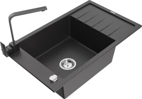 MEXEN/S - Elias granitový dřez 1-miska s odkapávačem včetně baterie Rita, černý kropenatý 6511-76-670300-70