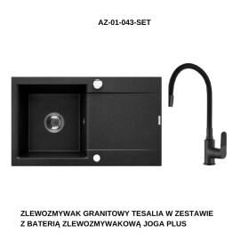 INVENA Granitový dřez TESALIA dlouhý odkap, černý automatickým sifonem, chrom baterie JOGA PLUS AZ-01-043-SET