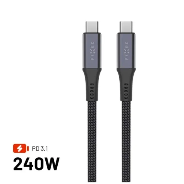 FIXED Dlouhý nabíjecí a datový opletený kabel s konektory USB-C/USB-C PD 3.1 2 m USB4gen2 20Gbps 4K60Hz 240W šedý (FIXDBP-CC2-GR)