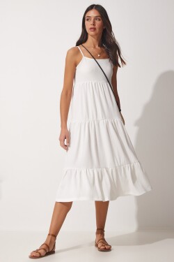 Happiness İstanbul Women's White Halter Pleated Summer Knitted Dress