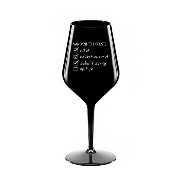 VÁNOČNÍ TODO LIST - černá nerozbitná sklenice na víno 470 ml