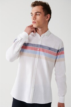 Avva Men's Red-white 100% Cotton Button Collar Linen Textured Block Color Slim Fit Slim Fit Shirt